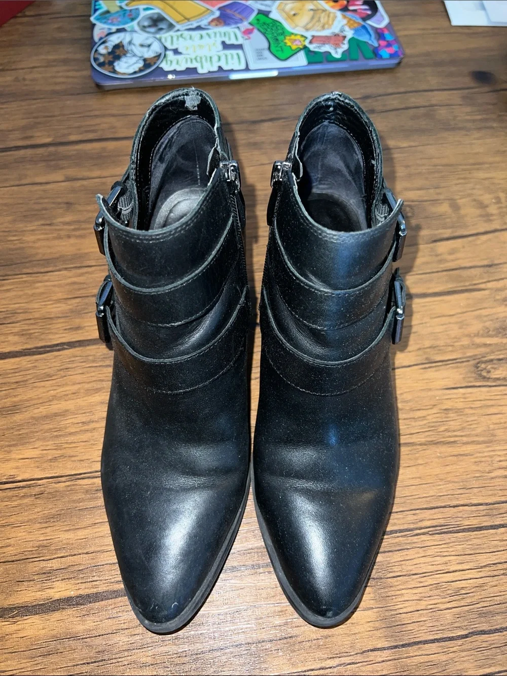 Franco Sarto Buck Black‎ Leather Ankle Booties with Double Buckles- 7